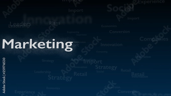 Obraz Deep blue background with subject words, which deal with marketing. The bold shimering word is situated on the left side of composition. Close up. Copy space. 3D.