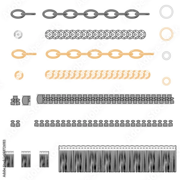 Fototapeta Set of golden and silver chains. vector fittings, sequins, fringe, chain, rope brushes for illustrator , zipper