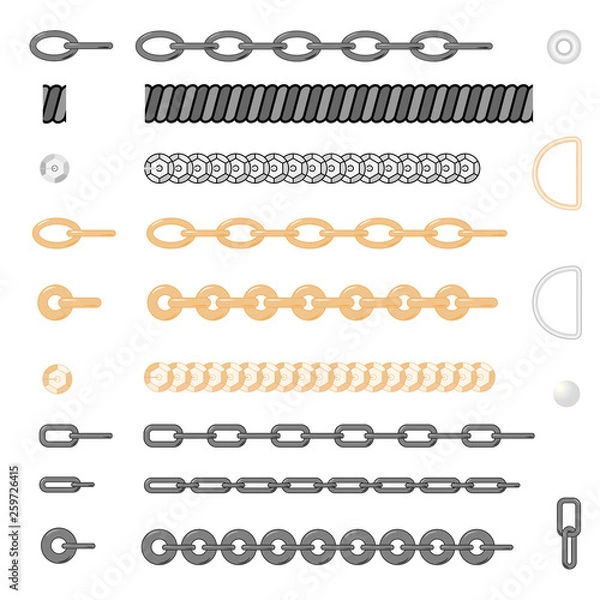 Fototapeta Set of golden and silver chains. vector fittings, sequins, fringe, chain, rope brushes for illustrator , zipper