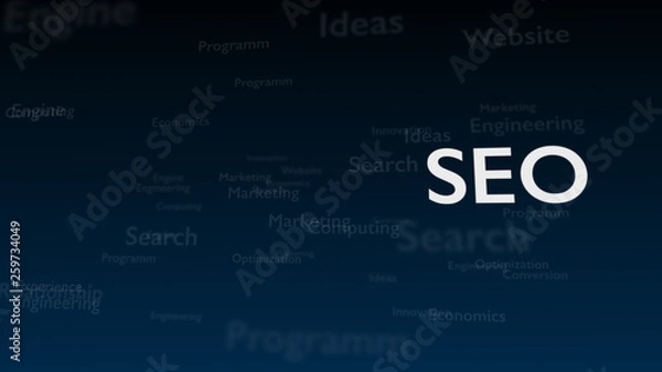 Fototapeta Deep blue background with different words, which deal with Search Engine Optimization. The bold word is situated on the right side of composition. Close up. Copy space. 3D.