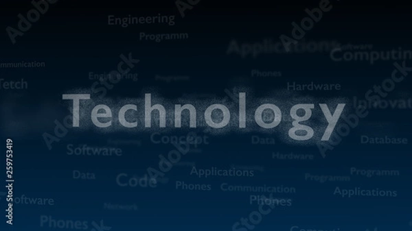 Obraz Deep blue background with different words, which deal with technology. Close up. Copy space. 3D.