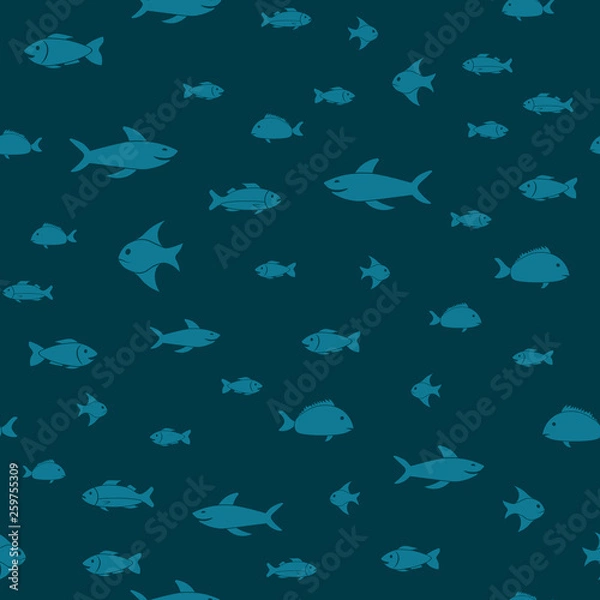Fototapeta Fish themed freehand drawings seamless pattern. Hand drawn fish elements doodles design for wallpapers, wrapping, backgrounds. Vector illustration.