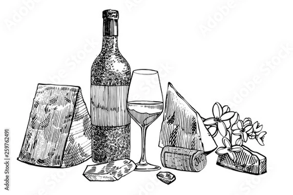 Fototapeta Composition of a bottle of wine, two glasses, parmesan cheese, grapes and leaves with olives. Hand drawn engraving style illustrations. Banners of wine vintage background.