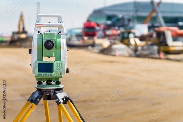Fototapeta Surveyor engineer with equipment (theodolite or total positioning station) on the construction site of the road or building with construction machinery background