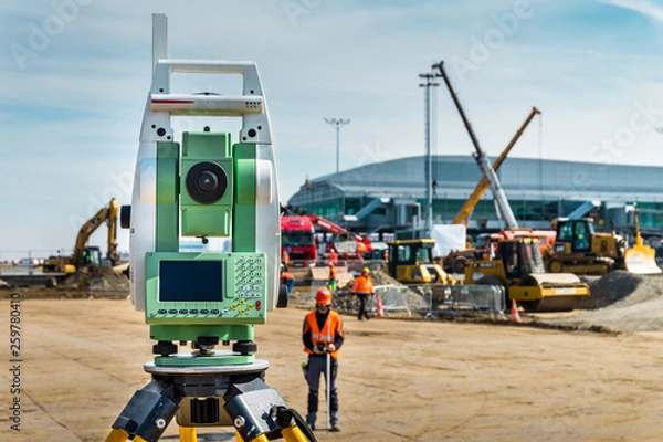 Fototapeta Surveyor engineer with equipment (theodolite or total positioning station) on the construction site of the road or building with construction machinery background