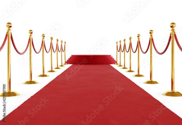 Obraz Golden barrier with red rope isolated on white background. Clipping path included. 