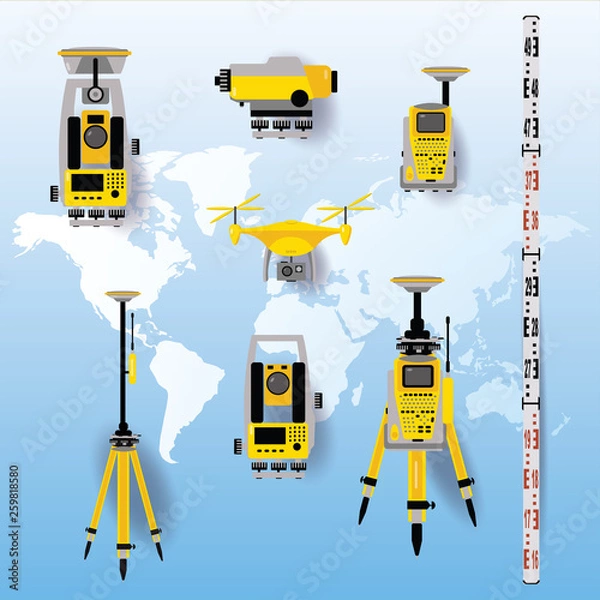 Obraz Geodetic equipment vector illustration. Measuring instruments in flat design. Theodolite, tacheometer, total station, drone, level, map sketch isolated on world map blue background.