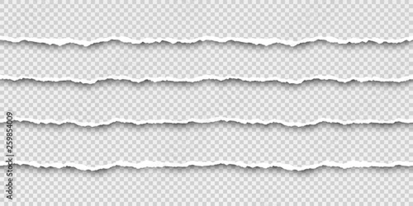 Fototapeta Set of tear seamless paper stripes. Paper texture with damaged edge. Vector illustration isolated on transparent background