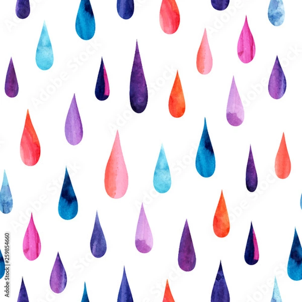 Obraz Seamless pattern with watercolor rainbow raindrops on white background. Multicolored hand drawn drops. Fashion abstract textile. Trendy vector illustration.