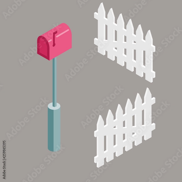 Fototapeta Set of isometric red mail box and white fences for suburban house illustration. 3d flat design. Concept for rent, real estate and home.