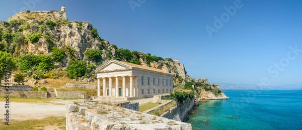 Fototapeta Corfu, Kerkyra Saint George Church inside the old fortress on the seashore.