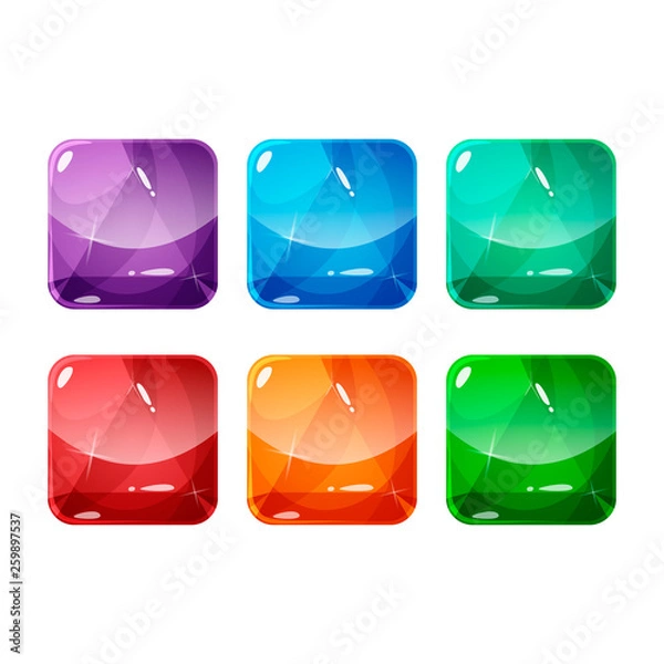 Fototapeta Set of colorful rounded square glossy backgrounds for the app icon with gem, diamond, crystal. Vector asset in cartoon style for web or game design, app icons template isolated on white background.