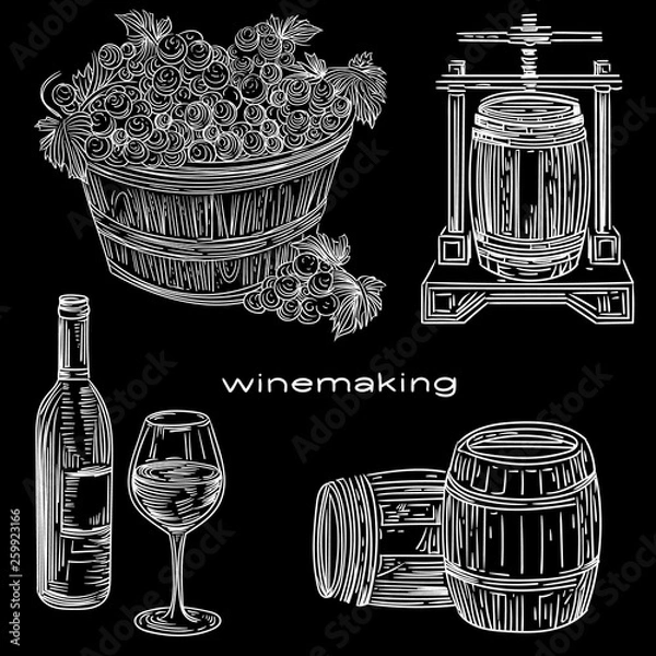 Fototapeta Vector winemaking illustration with basket of grapes, bottle and glass of wine, press and  barrels.