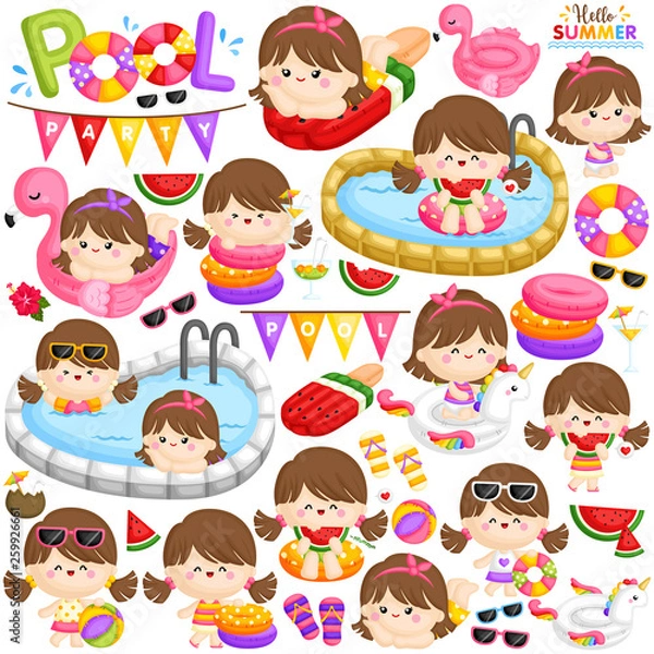 Fototapeta A Vector of Cute Little Girls Relaxing on Cute Float and Have Fun at the Pool Party