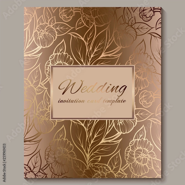 Fototapeta Exquisite royal luxury wedding invitation, gold floral background with frame and place for text, lacy foliage made of roses or peonies with golden shiny gradient.