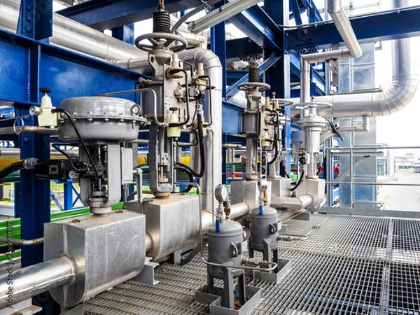 Fototapeta Control valve for control flow and pressure of process condition such water, steam and gas which popular apply to install in industrial, power plant, oil and gas with closed up.