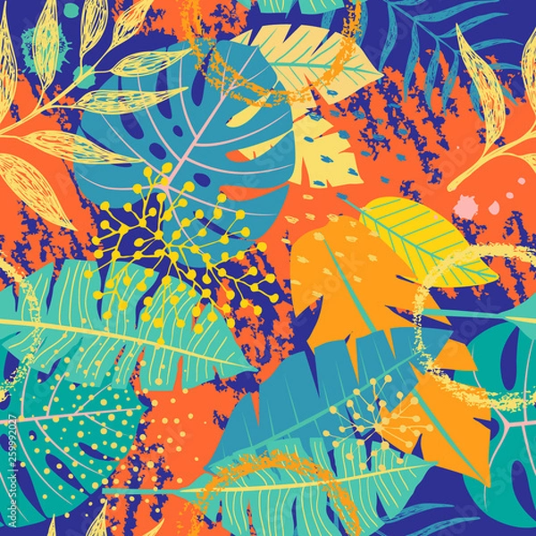 Obraz Seamless Pattern with Tropical Leaves and Textures
