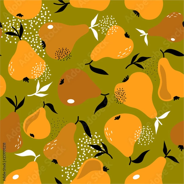 Fototapeta Pears background. Hand drawn overlapping backdrop. Colorful wallpaper vector. Seamless pattern with fruits collection. Decorative illustration, good for printing. Design poster