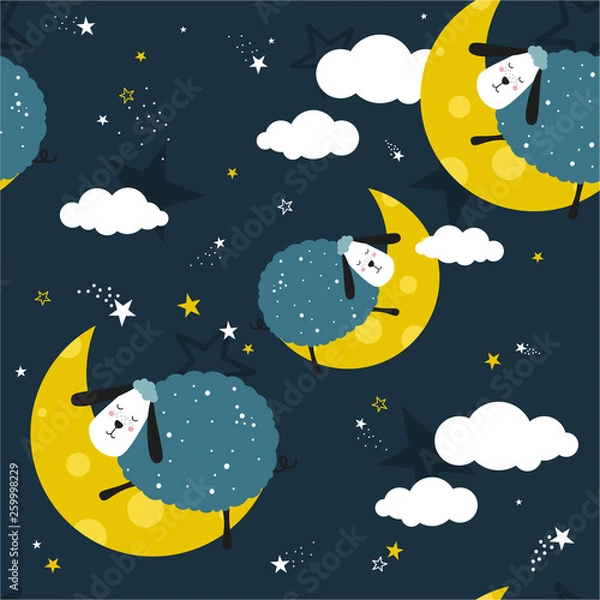 Obraz Sleeping sheeps, hand drawn backdrop. Colorful seamless pattern with animals, moon, stars. Decorative cute wallpaper, good for printing. Overlapping colored background vector. Design illustration