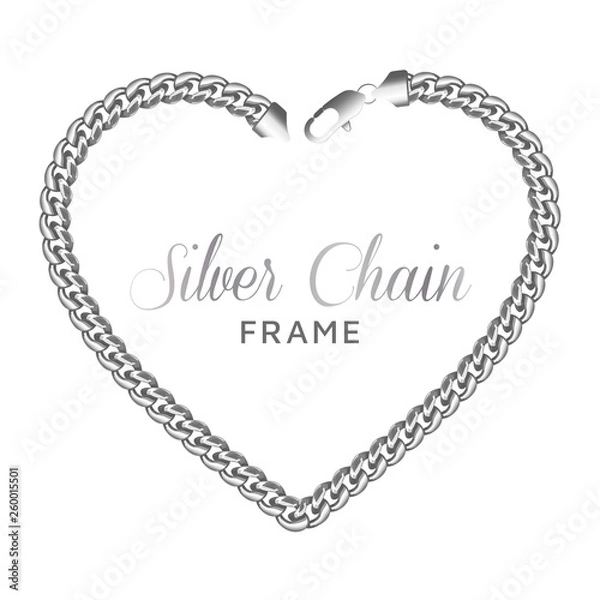 Obraz Silver chain heart love border frame. Wreath shape with a lobster claw clasp lock. Jewelry design, text frame. Realistic vector illustration isolated on a white background.