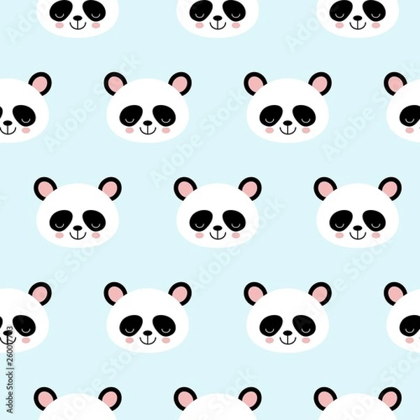 Fototapeta Seamless Vector Pattern panda bear pattern on light blue background. Small pandas with different gestures.