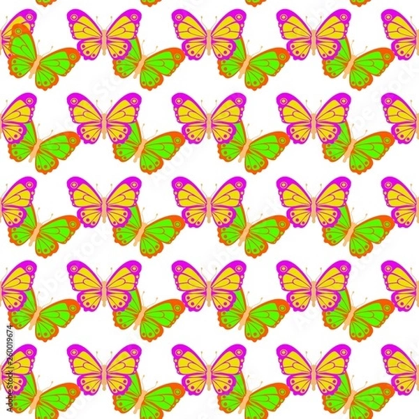 Fototapeta Several beautiful multicolored butterflies on the background. Seamless Wallpaper pattern.  The ability to stretch to any size in all directions without loss of quality.  Vector illustration. 