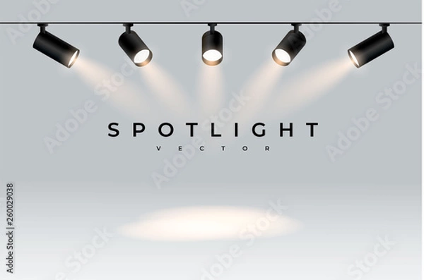 Fototapeta Pięć nowoczesnych czarnych reflektorów świeci w jednym kierunku realistycznym przezroczystym tłem na konkurs pokazowy lub wywiad. Efekt świetlny z projektora, projektora do studia.