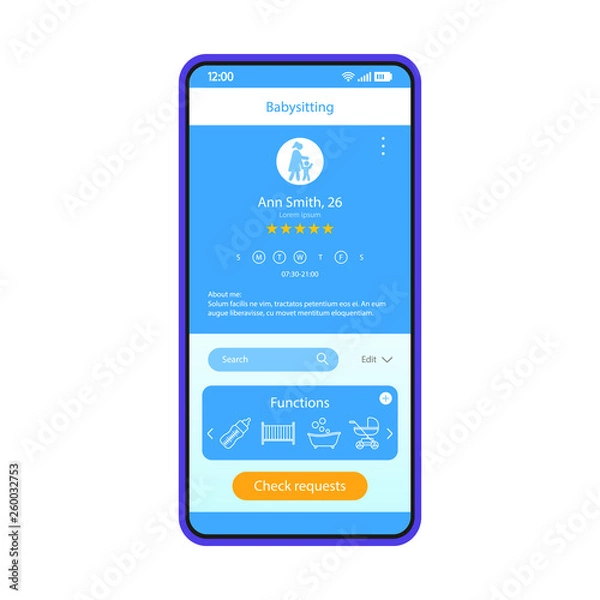 Fototapeta Babysitting application smartphone interface vector template