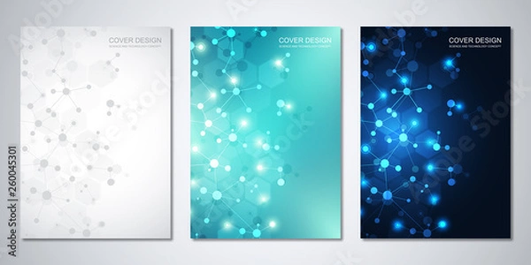 Fototapeta Vector templates for cover or brochure, with molecules background and neural network. Abstract geometric background of connected lines and dots. Science and technology concept.