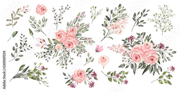 Obraz Watercolor drawing of twig with leaves and flowers. Botanical illustration .An arrangement of pink flowers and colorful leaves. A set of floral elements.