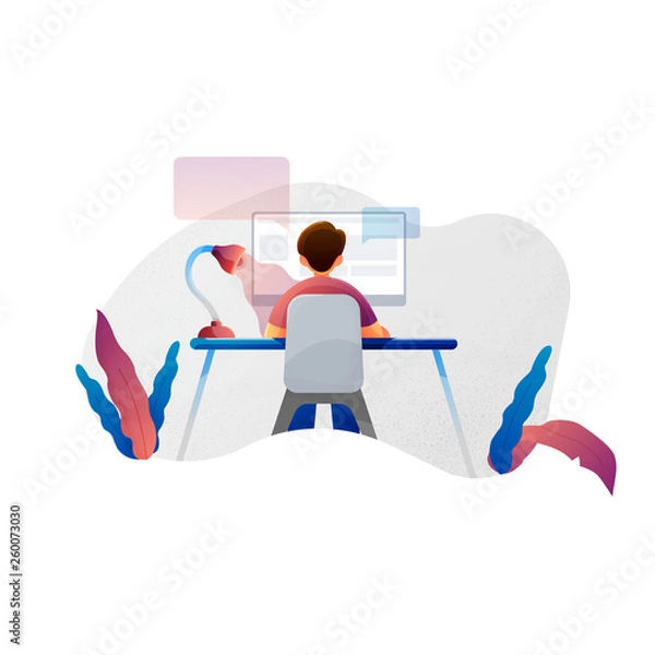 Obraz Man working at the computer, vector flat illustration of programmer, business analyst, designer, manager