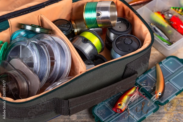 Obraz bright different fishing tackles on wooden background.