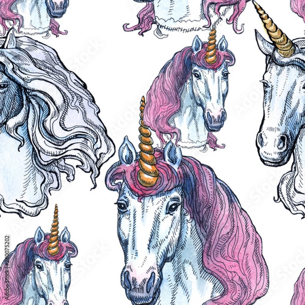 Obraz Unicorn. Seamless pattern on a white background. Fairy-tale character. Basis for design