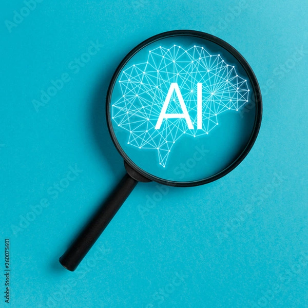 Fototapeta Concept smart search. Searching information data on internet networking concept. AI(Artificial Intelligence) and Neural network. Magnifying glass on blue background. New minimal creative concept