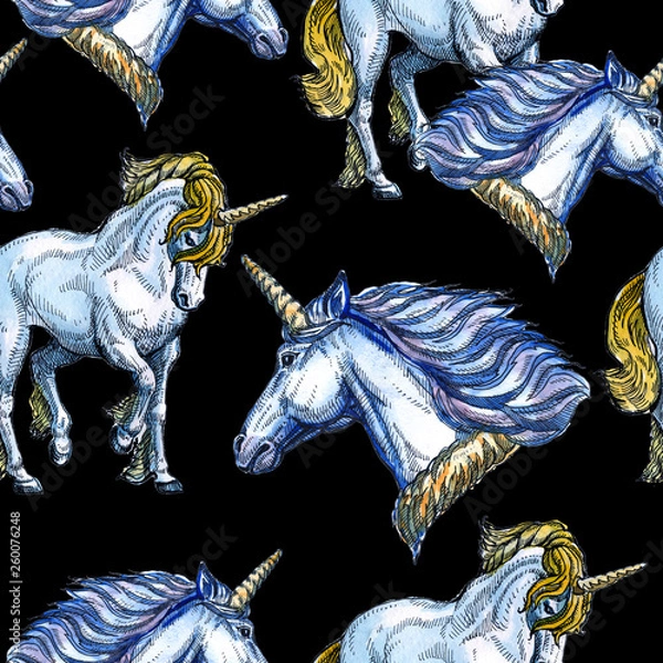 Obraz Unicorn. Fairy-tale character. Watercolor, feather. Seamless pattern. Beautiful drawing for children.