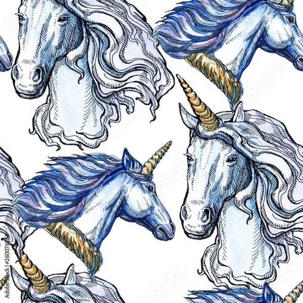 Obraz Unicorn. Fairy-tale character. Watercolor, feather. Seamless pattern. Beautiful drawing for children.