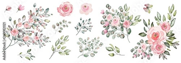 Obraz Zestaw kompozycji kwiatowych. Akwarela, rysunek gałązek z liśćmi i kwiatami. Ilustracja botaniczna. Kompozycja różowych róż i dzikich ziół.