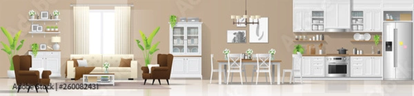 Fototapeta Modern rustic house interior background with living room , dining room and kitchen combination , vector , illustration