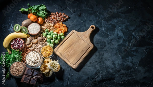 Fototapeta Assortment of high magnesium sources: bananas, nuts, oatmeal, buckwheat, peanuts, spinach chard, dark chocolate and sesame seeds on dark background