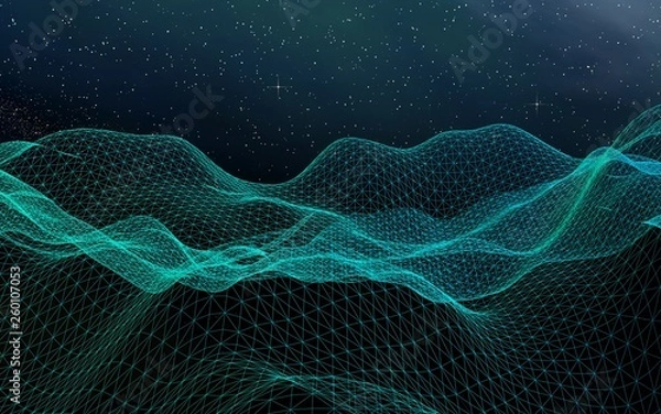 Fototapeta Abstract landscape on a dark background. Cyberspace grid. Hi-tech network. Outer space. Starry outer space texture. 3D illustration