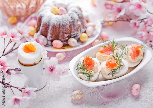 Obraz Easter breakfast.Cake and eggs with salmon