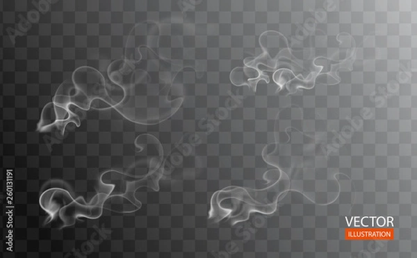 Fototapeta Hot steam over cup on dark or transparent background. White cigarette smoke wave. Set of fume on water, tea, food, coffee, ice. Vapor, mist, cloud, gas, fog vector illustration. Hazy fragrance on ice