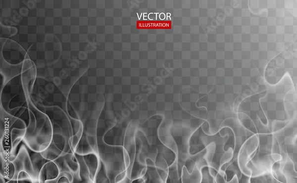 Fototapeta Hot steam over cup on dark or transparent background. White cigarette smoke wave. Set of fume on water, tea, food, coffee, ice. Vapor, mist, cloud, gas, fog vector illustration. Hazy fragrance on ice