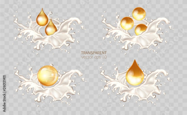 Fototapeta lGolden hair oil ads, beautiful essential oil splashing in 3D illustration. Vector cream, yogurt lotion, cosmetic milk for face and hands. Promotion of premium product ads. Milk waves, drops and blots