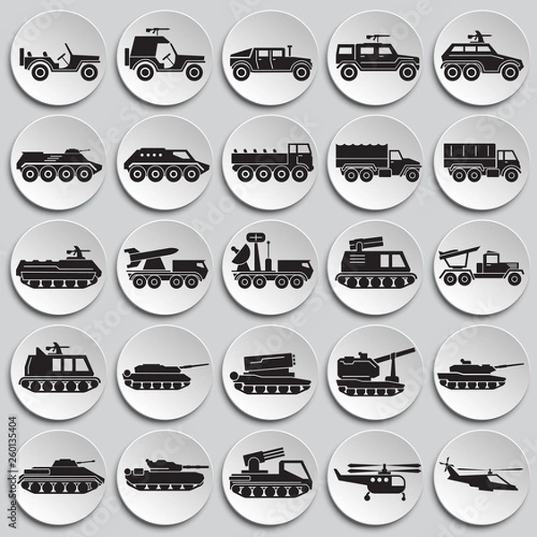 Fototapeta Military vehicles icons set on plates background for graphic and web design. Simple vector sign. Internet concept symbol for website button or mobile app.