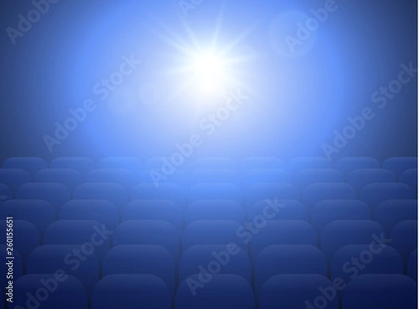 Fototapeta Empty movie theater with projection light falling into the lens and empty seats. Vector Illustration