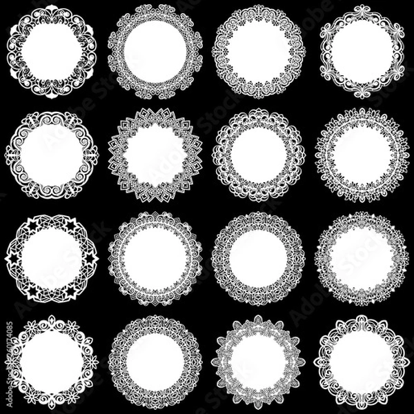Fototapeta Large  set of design elements, lace round paper doily, doily to decorate the cake, template for cutting, greeting element,  snowflake, laser cut;  vector illustrations