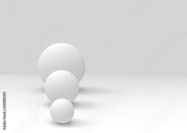 Obraz 3d rendering. simple white small to big sphere ball object on gray backgorund. growing up or evolution concept.