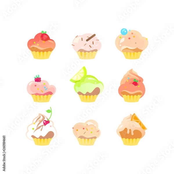 Obraz Vector Illustrations Set of Sweet Delicious Baked Pastry Cupcakes or Muffins with Сherries, Strawberry, Chocolate and Icing