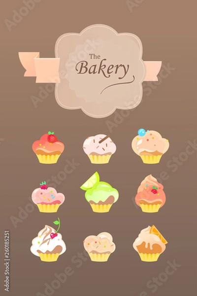 Obraz Set of Vector Illustration Pastry Muffins and Cupcakes.  Icons for Food from Bakery Shop